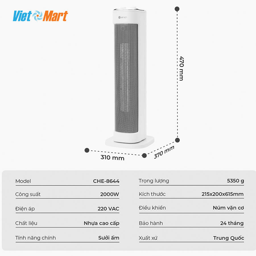 Thông số của máy sưởi gốm Elmich CHE-8644 công suất 2000W