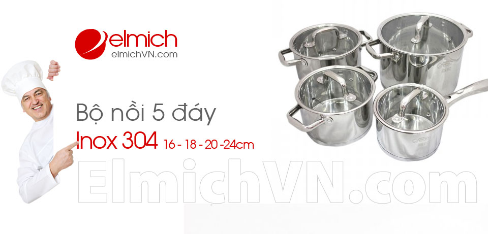 Bộ nồi Elmich 5 đáy 4 chiếc Inox 304