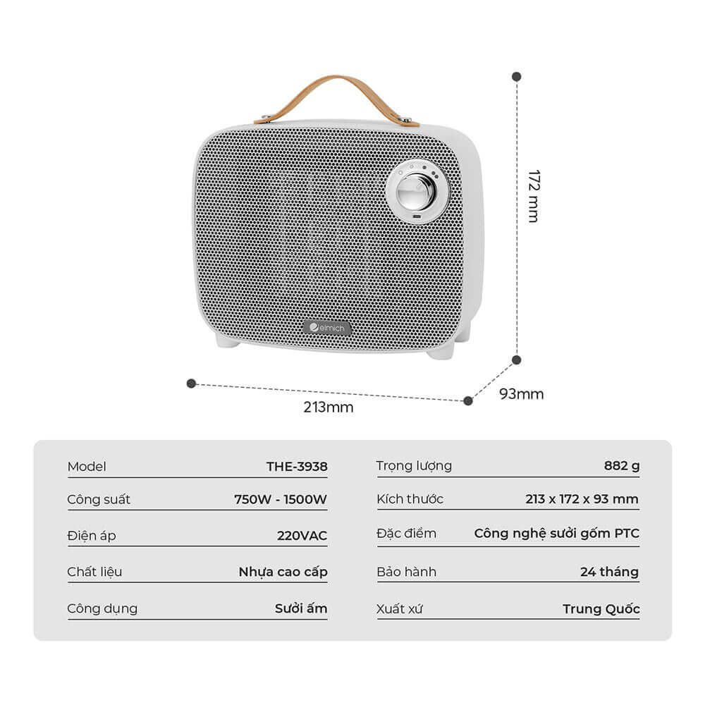 Thông số kỹ thuật của Máy Sưởi Gốm Elmich THE-3938